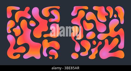 Funky liquid gradient shapes - vibrant pink and orange mix colors in dynamic abstract pattern. Smooth curvy lines in psychedelic trendy background design. Energetic colorful decorative texture. Stock Vector