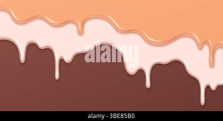 Melting ice cream drips background - white vanilla, brown chocolate and caramel creamy liquid flows down, milky sweet dessert splash, delicious frozen yogurt drops. Dribble tasty summer treat texture Stock Vector