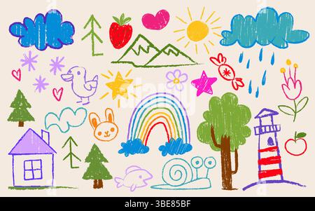 Crayon kid drawings - adorable colorful children doodles of clouds and rainbows, mountains and trees, fruits and animals, flowers and sun. Cute chalk art elements for child design or decoration. Stock Vector