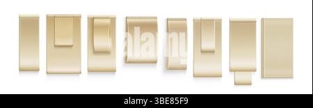 Set of blank beige clothing labels and tags mockup templates isolated on white background. Vertical folded and flat empty fabric ribbons and textile badges. 3d vector for garment logo branding. Stock Vector