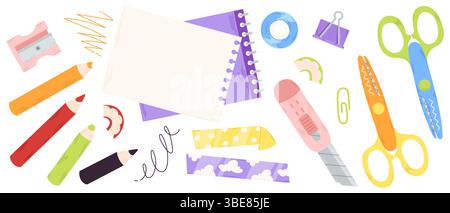Colorful set of drawing supplies and stationery items - pencils and scissors, paper binder clips and tape, sketchbook with cut sheet and utility knife. cute doodle pastel school art tools on white. Stock Vector