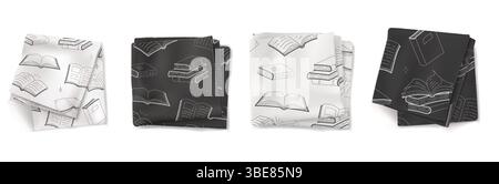 Set of black white kitchen towels, cloth napkins with open book pattern. Folded square textile dishcloths, tea towels mockup isolated on white background. Stock Vector