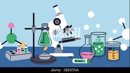 Chemical laboratory table. Scientific experiment and test equipment, microscope, glass tubes, flasks, biological lab, biochemistry and microbiological Stock Vector