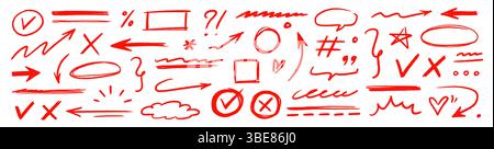 Hand drawn line arrow chalk brush stroke red icon set. Red crayon underline, check mark, scribble shapes with rough texture. Hand style symbols, arrows, star and frame highlight. Vector illustration Stock Vector