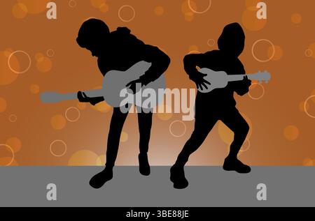 Children holding guitars silhouette, music celebration, reflection art Stock Vector