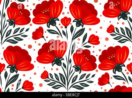 Vector seamless pattern with stylized red flowers and green leaves in folk style. Perfect for textile design, wallpaper, gift wrap Stock Vector
