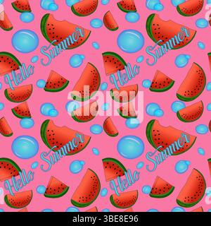 Seamless pattern Hello Summer with vector Appetizing juicy Watermelon and Blue water Bubbles on a vibrant pink background. For Summertime, dessert, fr Stock Vector