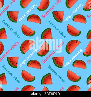 Seamless pattern Summer vibes vector illustration of Watermelon slices on a blue background. Appetizing juicy berry. For Summertime, food, dessert, fr Stock Vector