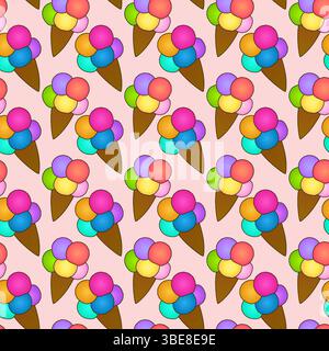Seamless summer pattern with vector illustration of colorful ice cream waffle cones on pink background in playful cartoon style. For Summertime, desse Stock Vector