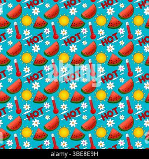 Seamless summer pattern with vector watermelon, sun, thermometers, clouds, flowers and HOT text on blue background. For Summertime, food, dessert, fru Stock Vector