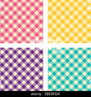 Classic Diagonal Gingham Vichy Check Pattern Set in Bold Retro Color Variations, collection of seamless vector backgrounds Stock Vector