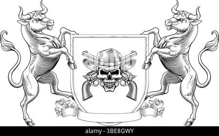 Cowboy Skull Guns Crest Coat of Arms Shield Design Stock Vector