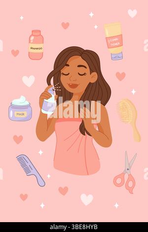 Illustration of Black woman spraying hair mist, surrounded by shampoo, conditioner, mask, and styling tools on pink background. Stock Vector