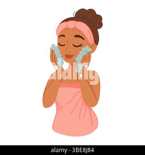 Cartoon of a Black woman cleansing her face with foam as part of a relaxing daily skincare routine. Stock Vector