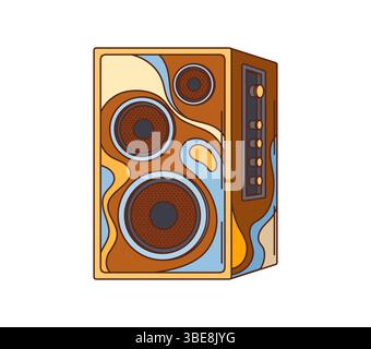 Cartoon groovy speaker. Vector vintage audio stereo musical device, nostalgic electronics, funky hippie subwoofer with abstract psychedelic pattern and expressive retro y2k vibe, for listening music Stock Vector