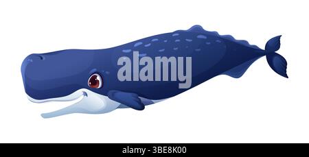 Cartoon whale character, sea animal. Isolated vector cute smiling blue sperm whale with big eyes and small fins, textured skin and tail, side view. Funny ocean marine creature Inhabit deep ocean water Stock Vector
