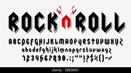 Hard rock metal font, music heavy band typeface, punk tattoo type, strong abc alphabet vector typography. Rock and roll or black metal music font letters and numbers with red lightnings, tattoo type Stock Vector