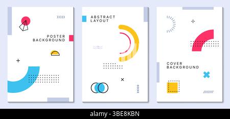 Memphis posters with geometric shapes and abstract modern color elements, vector backgrounds. Memphis poster layouts set with retro geometric shapes or isometric line elements of minimal figures Stock Vector