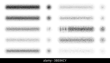 Stipple grain noise brushes with paint spray or sand dust texture, vector set. Noise grain brush templates for drawing with stipple dots or dotwork gradient with particle spray scatter brush effect Stock Vector