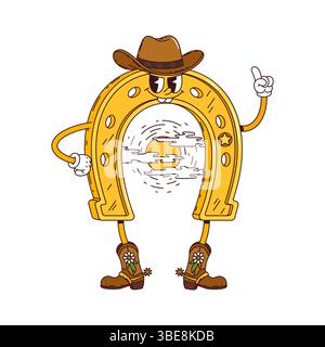 Groovy western gold horseshoe character, wild west hippie personage in cowboy hat, boots with spurs, sun with clouds and friendly yet confident expression with finger up. Cartoon vector lucky charm Stock Vector