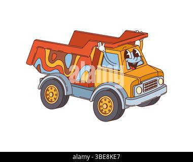 Retro cartoon groovy dump truck kids toy character with smiling face, wavy shapes in orange, yellow and blue. Isolated vector cheerful vehicle exudes playful, vintage fun, ready for children fun games Stock Vector