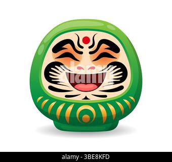 Cartoon Japanese green daruma doll with cheerful expression, bold eyebrows, yellow decorative patterns, red dot on forehead and expressive face, symbolizing perseverance and good luck in Japan culture Stock Vector