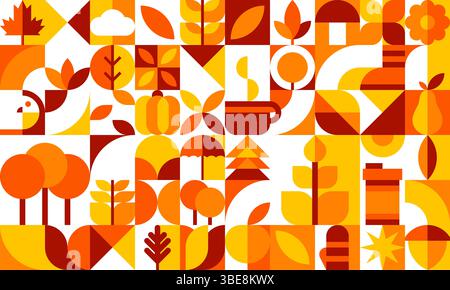 Autumn season and thanksgiving geometric pattern with leaves, pumpkins, coffee cup and trees. Vector mosaic tile background in fall colors with seasonal harvest, thanksgiving elements and nature motif Stock Vector