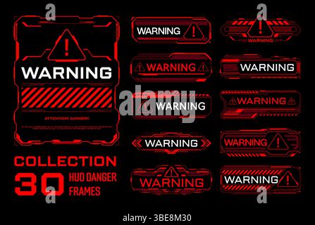 Red warning and danger HUD frames set, vector game UI. Futuristic cyber tech digital screen interface warning, alert and danger caution HUD frames with red hologram borders, attention triangle signs Stock Vector