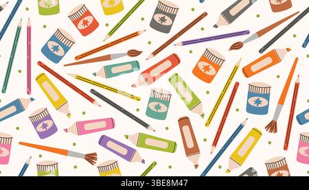 Seamless pattern with colorful art supplies like pencils, paints, and markers in fun cartoon flat style. Perfect for school designs, kids projects, cr Stock Vector