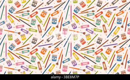 Cute seamless pattern featuring colorful art tools like crayons, brushes, pencils, and paints in flat cartoon style. A playful and creative design ide Stock Vector
