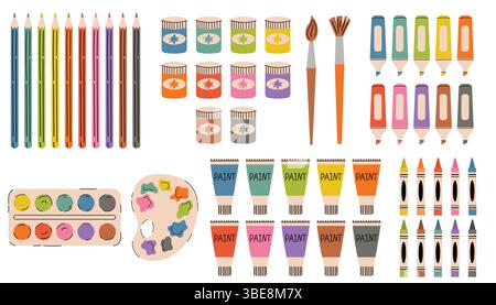 Cartoon flat style collection of colorful art supplies including pencils, markers, crayons, and watercolor paints in ten vivid color variations. Fun a Stock Vector