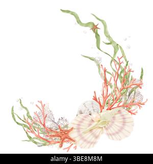 A wreath of coral and algae twigs in nautical style. Watercolor illustration. Spiral shell and scallop, starfish and pearl isolated on white backgroun Stock Photo