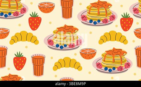 Playful seamless pattern with cartoon breakfast elements including pancakes, juice, strawberries, and croissants. Bright and appetizing design ideal f Stock Vector