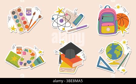 Colorful cartoon flat style sticker set for Back to School theme. Includes fun still life elements like books, backpack, ruler, globe, paints, and mor Stock Vector