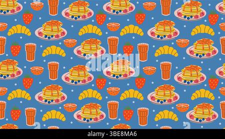 Seamless breakfast pattern in cartoon flat style featuring pancakes on plates, orange juice, strawberries, and croissants. Cozy design perfect for foo Stock Vector