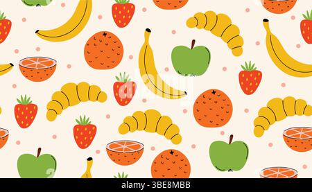 Seamless cartoon flat style pattern with oranges, strawberries, apples, and croissants. Fresh and fun fruity breakfast theme, perfect for wrapping pap Stock Vector