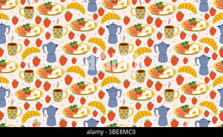 Fun seamless pattern in flat cartoon style featuring plates with eggs and bacon, coffee makers, strawberries, croissants, and hot coffee. Perfect for Stock Vector