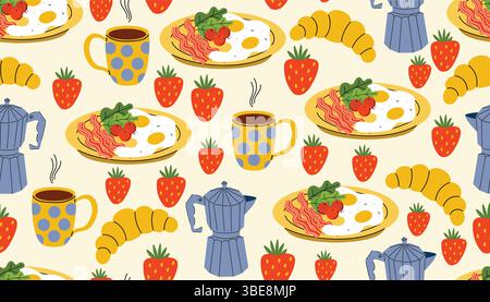 Seamless cartoon flat pattern with fried eggs and bacon, coffee maker and coffee cup, strawberries and croissants. Cozy breakfast design ideal for tex Stock Vector