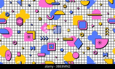 Abstract 80s 90s geometric Memphis seamless pattern. Vector background with retro modern shapes and elements on checkered notebook page. Vibrant decorative tile ornament with bright creative figures Stock Vector