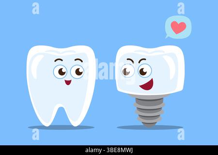 Dental implant . Normal tooth and artificial tooth cartoon character illustration . Vector . Stock Vector
