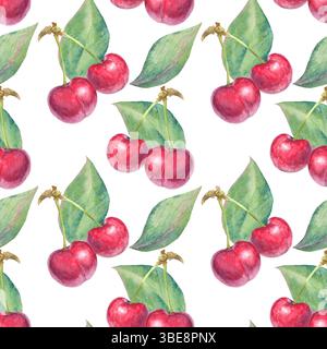 Seamless pattern with cherry berry and leaves Stock Photo