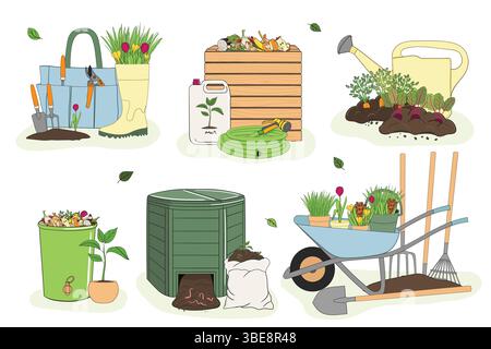 Set of illustration of compost bin and gardening tools. Recycling organic waste. Sustainable agriculture concept. Hand drawn vector illustration. Stock Vector