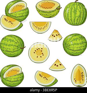 Set of Yellow Doll Watermelon. Citrullus lanatus. Fruits and vegetables. Clipart. Isolated vector illustration. Stock Vector