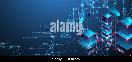 Digital circuit visualization vector background.  Blue board pattern with interconnected lines, nodes, and binary code. Stock Vector