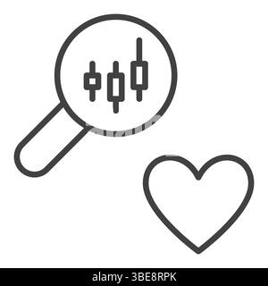Magnifier with Candlestick Graph and Heart vector Love for Investing concept icon or sign in thin line style Stock Vector
