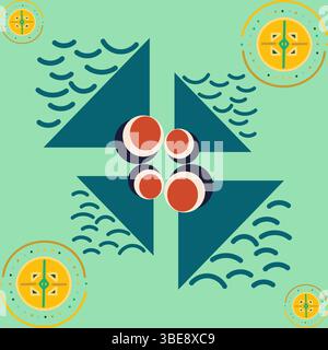 A seamless vector pattern inspired by nautical themes, featuring triangles, waves, and circular motifs in teal, orange, and yellow on a mint backgroun Stock Vector