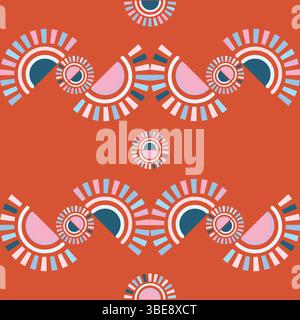 A seamless vector pattern inspired by Latin American carnivals, featuring sunburst semi-circles and waves in pink, blue, and white on an orange backgr Stock Vector