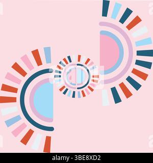 A seamless vector pattern featuring retro sunburst semi-circles in pink, blue, red, and white. Perfect for textiles, wallpapers, and vintage decor, th Stock Vector