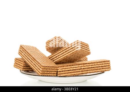 Sweet waffles on a ceramic saucer, close-up, isolated on a white background. Stock Photo