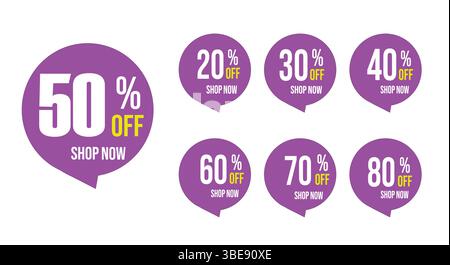 Different percent discount sticker discount price tag set. Discount Tags 20% 30% 40% 50% 60% 70%to 80% OFF Sale Labels for Promotions Marketing Stock Vector